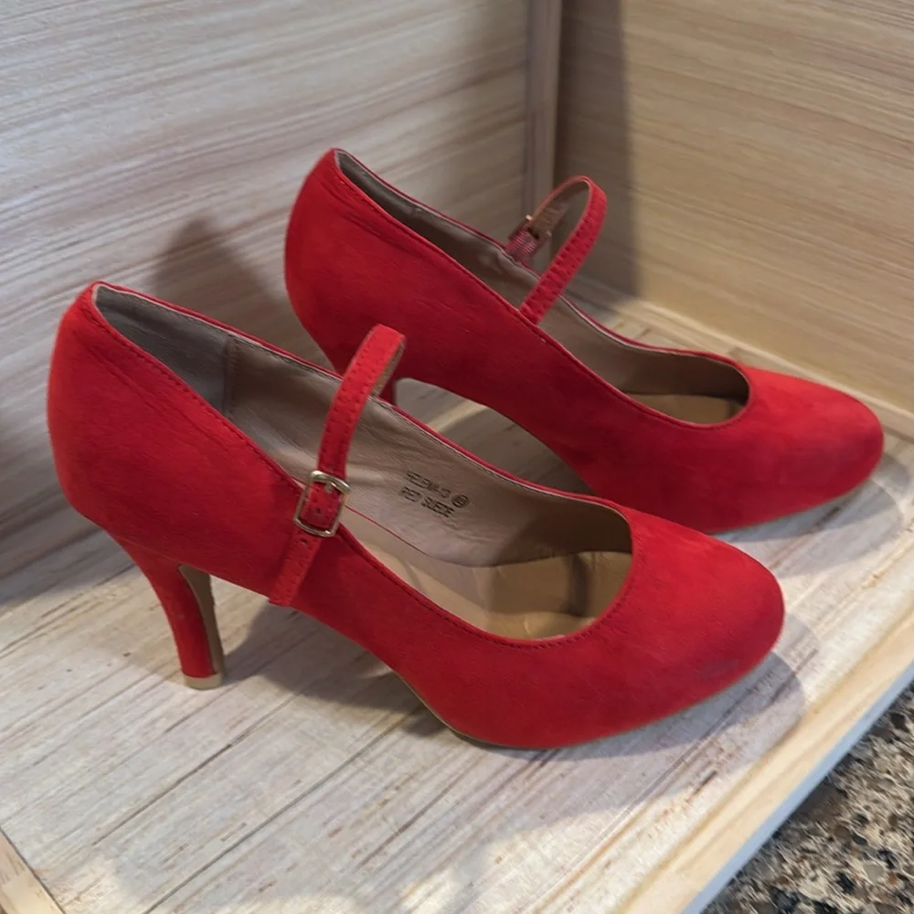 Suede Red Mary Jane Heels - Picture 2 of 15